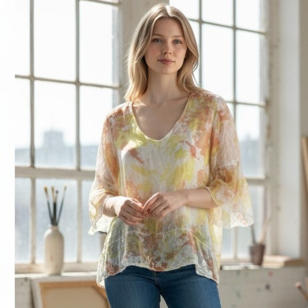 NWT Lola Made‎ in Italy White Yellow Embroidered Top Silk Blend  Small Coastal